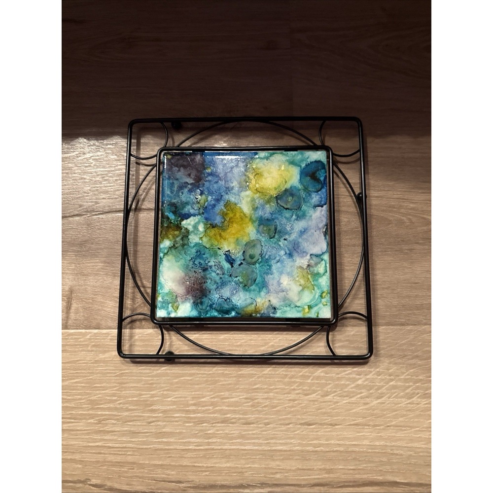 Hand Painted Tile Metal Trivet 7x7 Paint Pourblue Green Turquoise‎ Square Shape